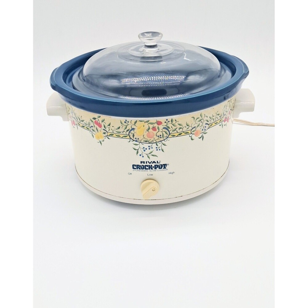 Vintage RIVAL 3355 Crock Pot 5 Quart Slow Cooker Blue Stoneware Fruit USA MADE